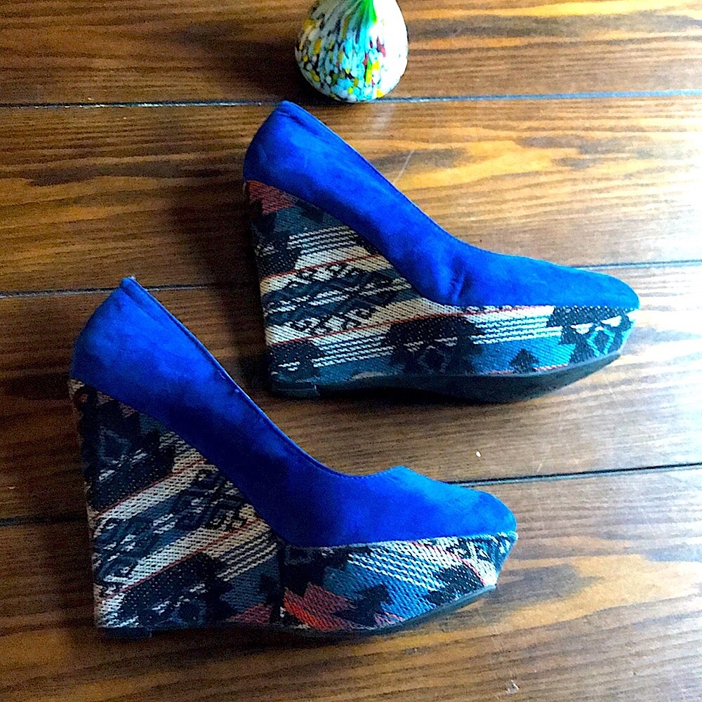 Blue Aztec Wedge Platform Heels - Picture 8 of 9